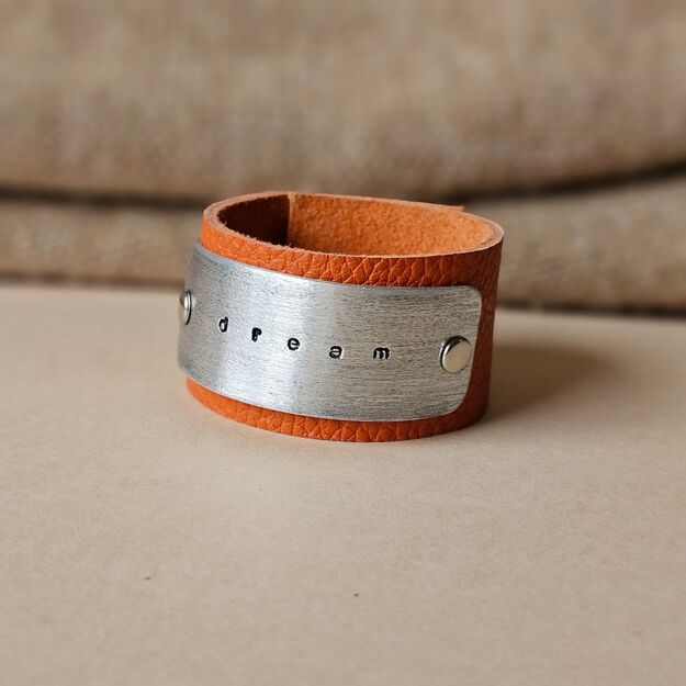 Orange leather bracelet "dream". S-M size, 16-17 cm wrist