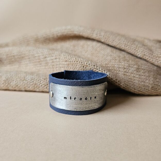 Blue leather bracelet "miracle". S-M size