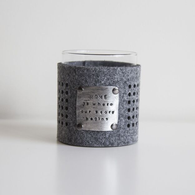 Candle holder with hand stamped text, 1 pc.