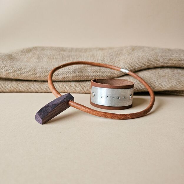 Light brown leather unisex necklace with violet wooden pendant