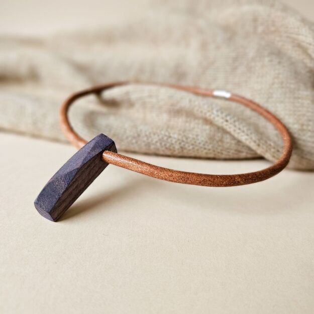 Light brown leather unisex necklace with violet wooden pendant