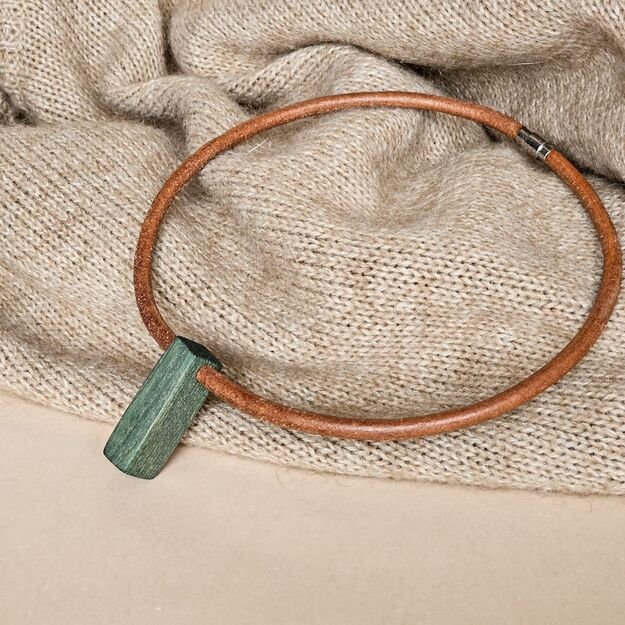 Light brown leather unisex necklace with green wooden pendant